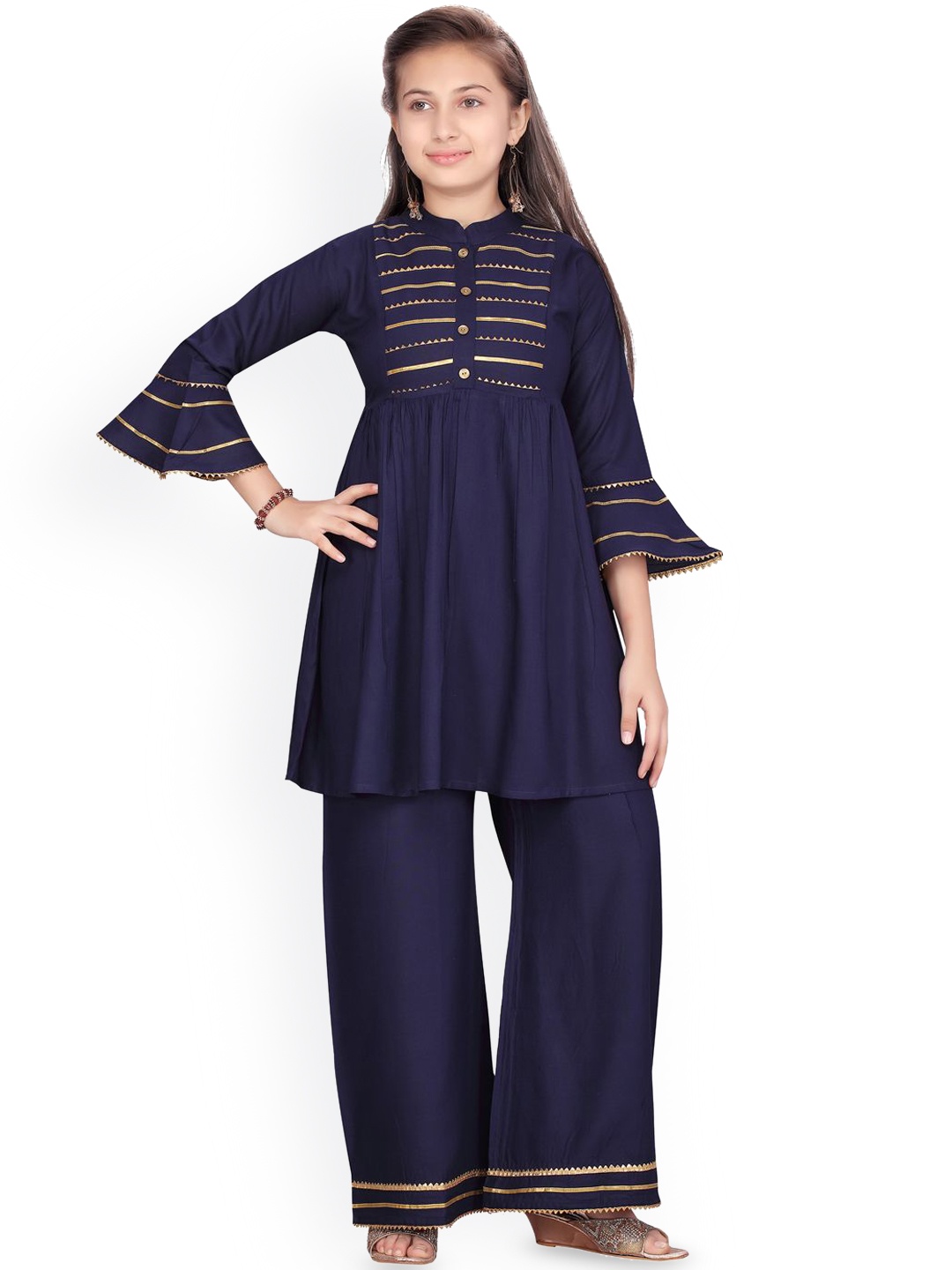 

BAESD Girls Yoke Design Regular Pure Cotton Kurti with Palazzos, Navy blue