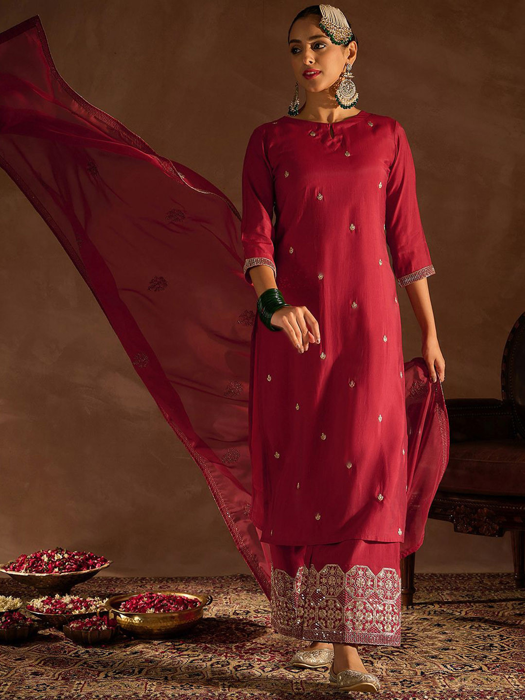 

Indo Era Women Floral Embroidered Regular Sequinned Kurta with Palazzos & With Dupatta, Red