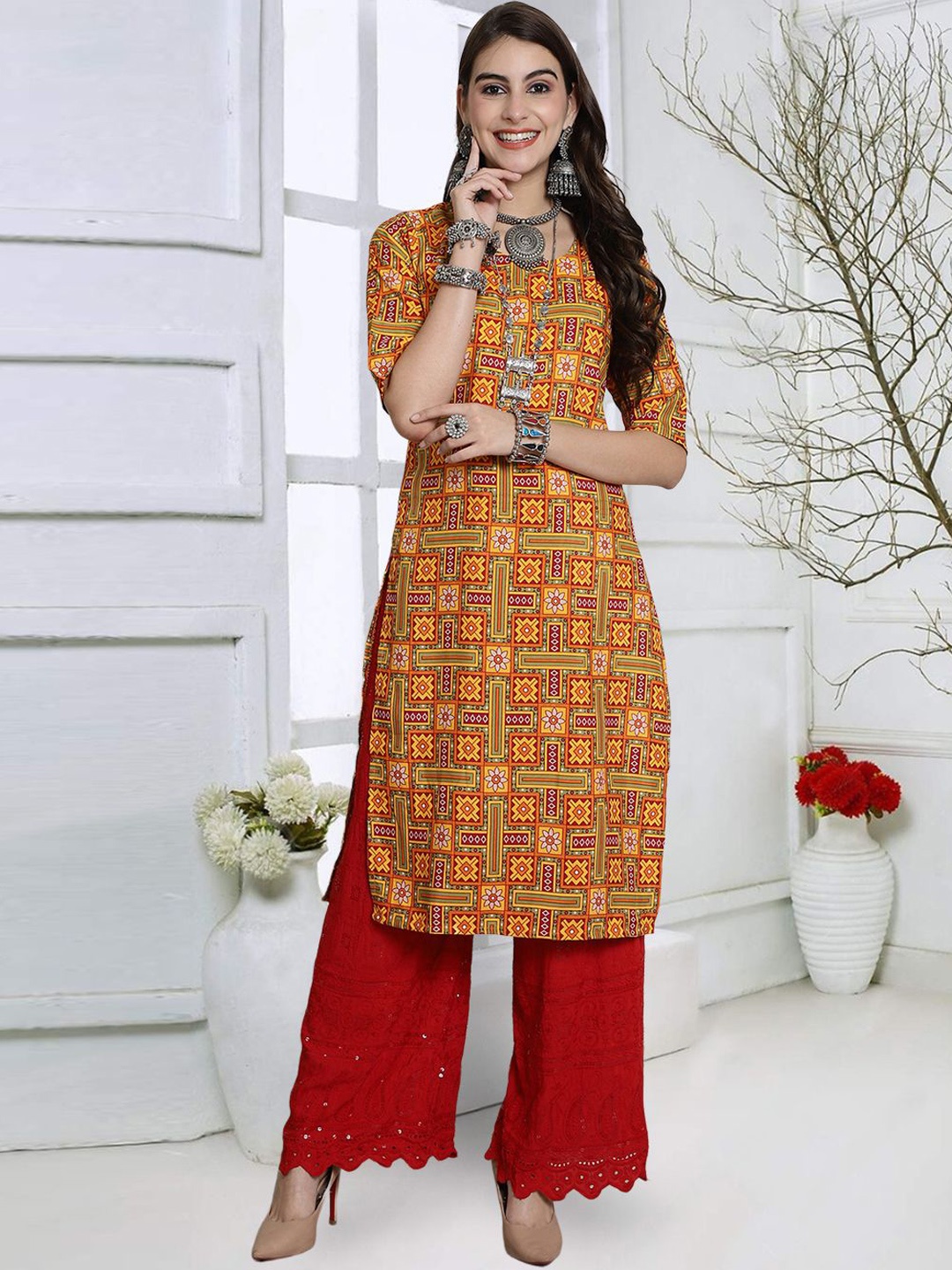 

7Threads Geometric Printed Straight Kurta, Mustard