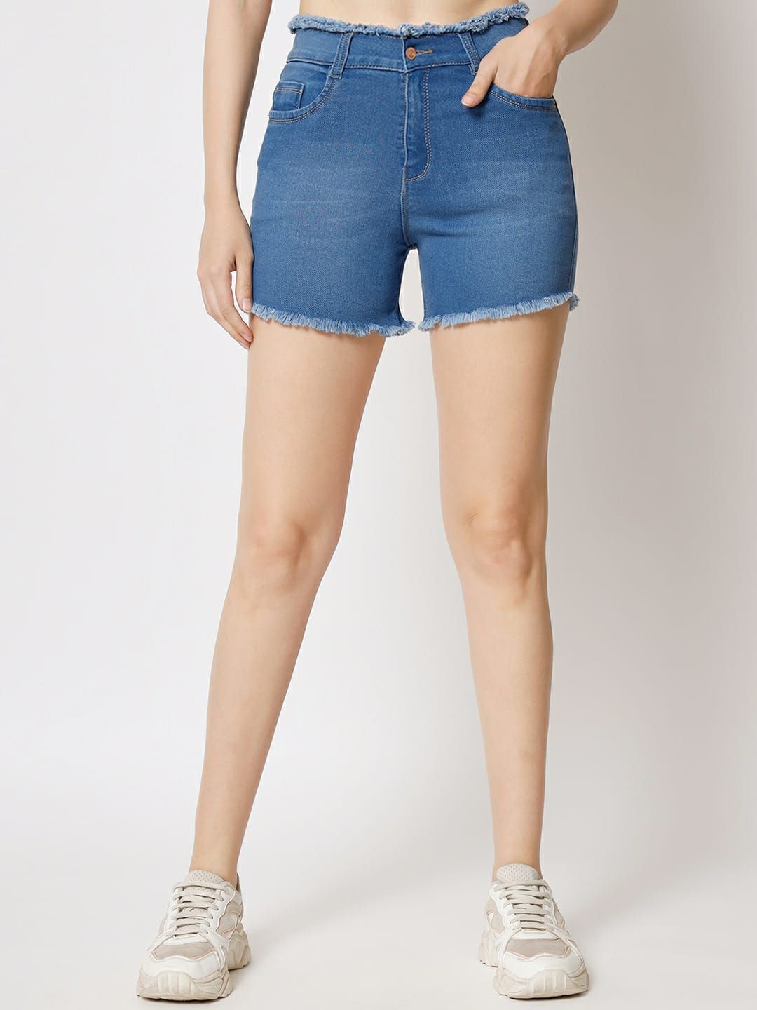 

FASHIONFIBRE Women Slim Fit High-Rise Denim Denim Shorts, Blue