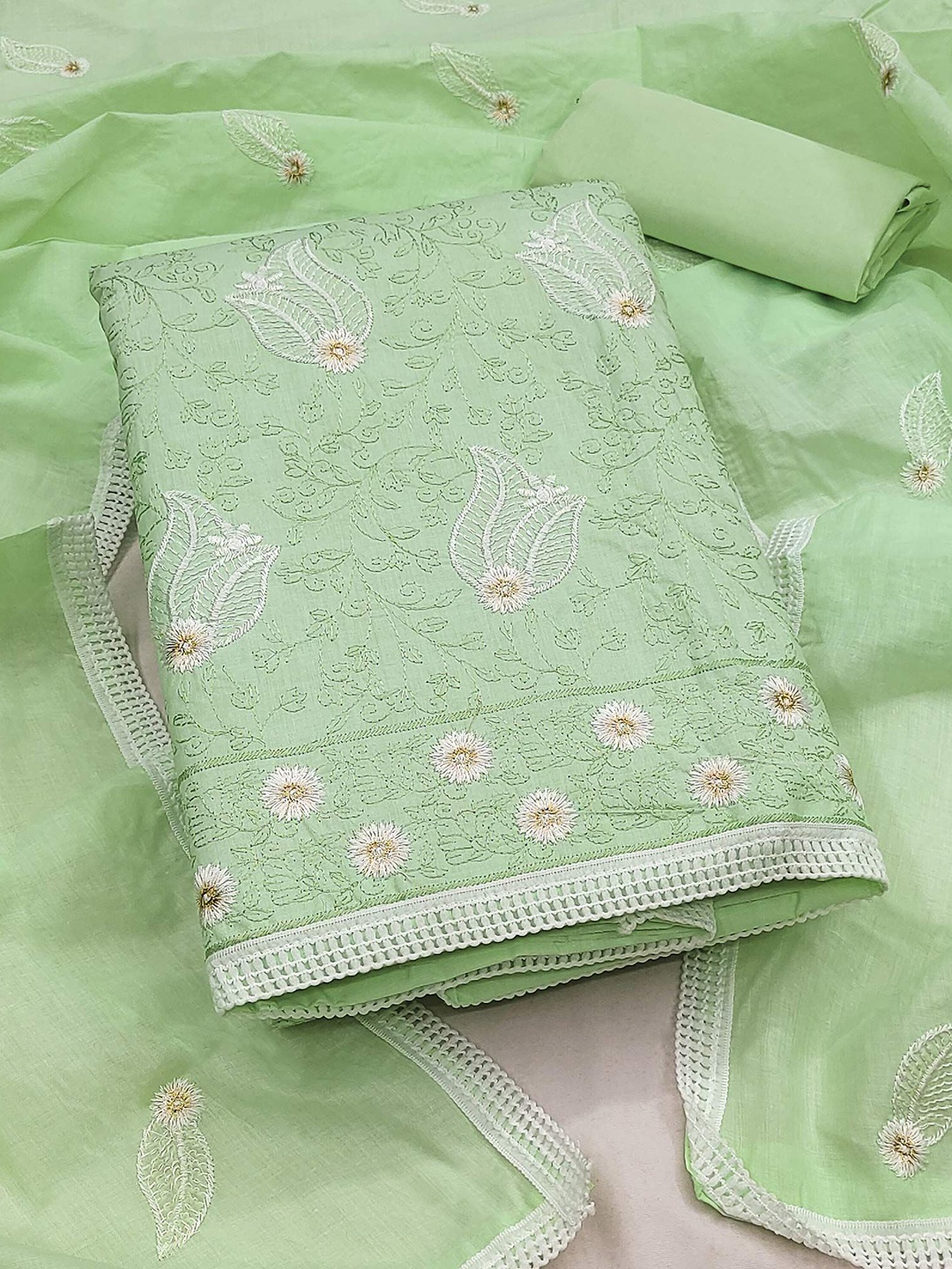 

Peachmode Embroidered Pure Cotton Unstitched Dress Material, Green