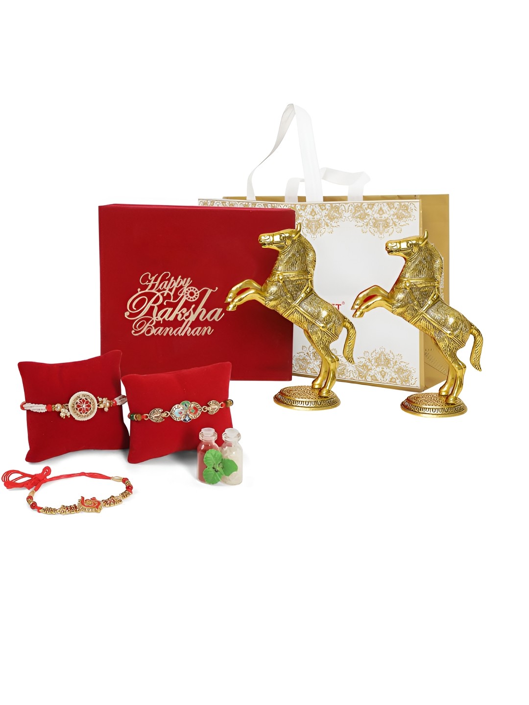 

INTERNATIONAL GIFT Set Of 3 Rakhi Gift Set with Golden Horse Showpiece, Gold