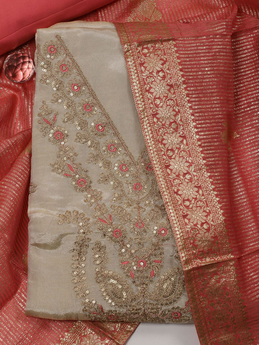 

Meena Bazaar Embroidered Unstitched Dress Material, Cream