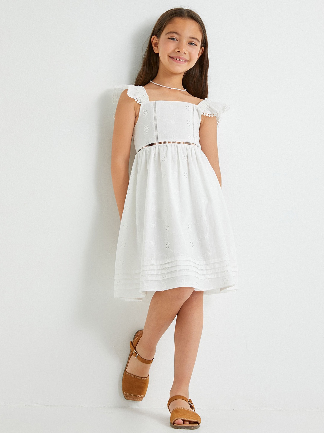 

Koton Girls Cold-Shoulder Self Design Fit & Flare Dress, Beige