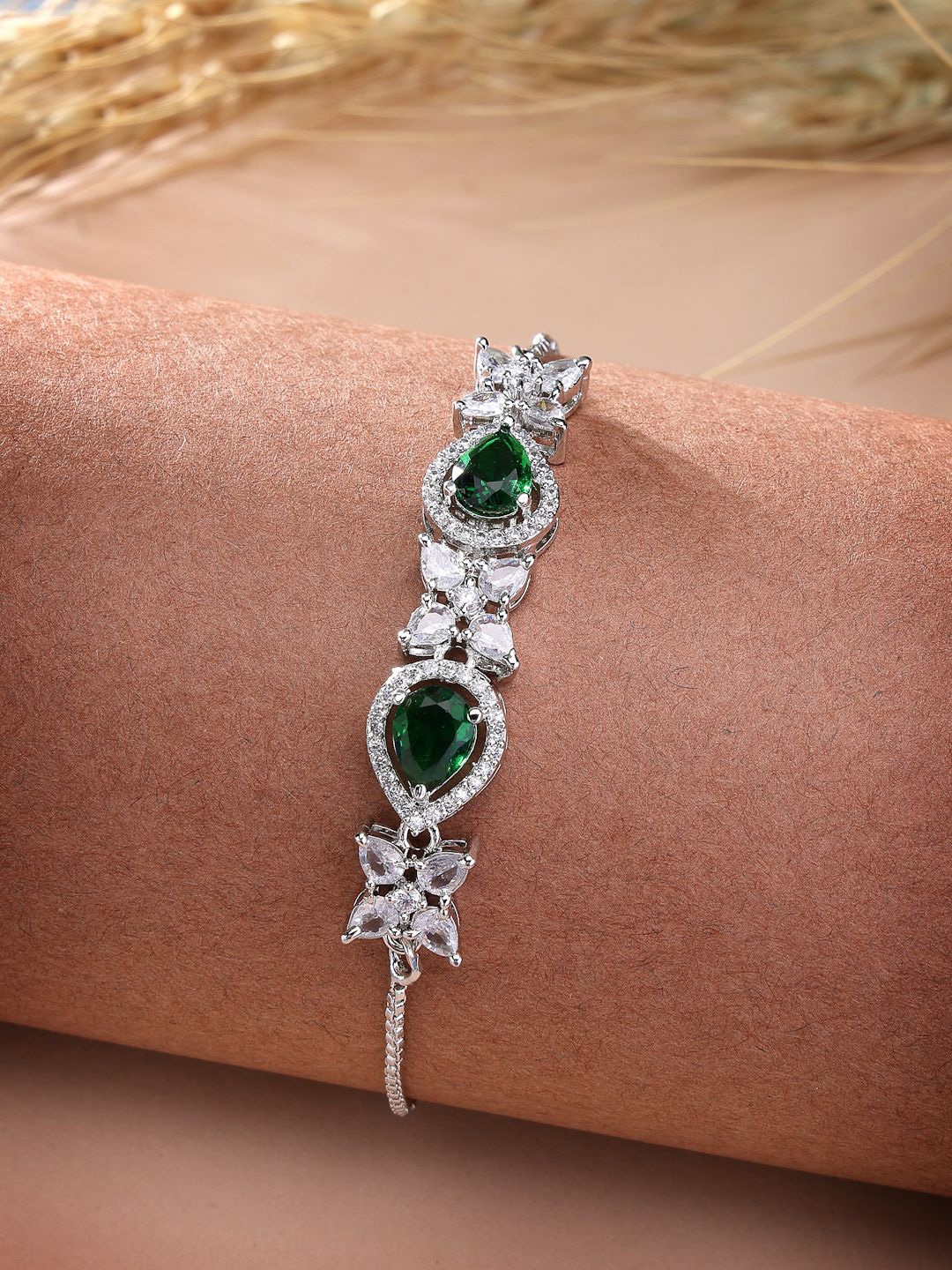 

ZENEME Brass American Diamond Rhodium-Plated Wraparound Bracelet, Silver