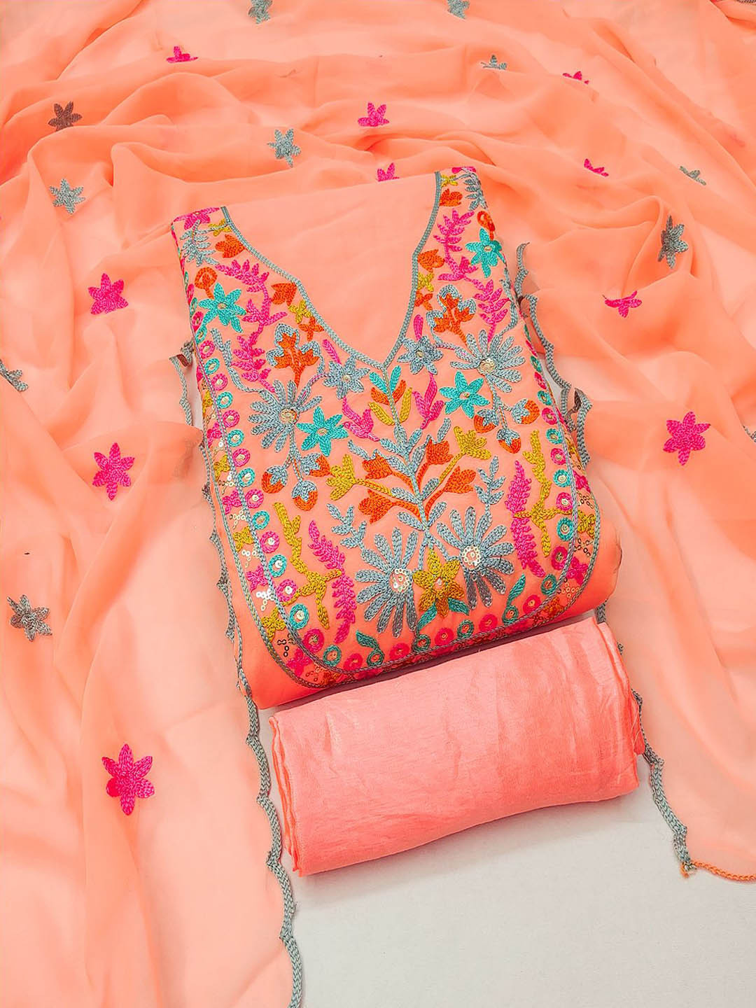 

Lilots Embroidered Unstitched Dress Material, Orange