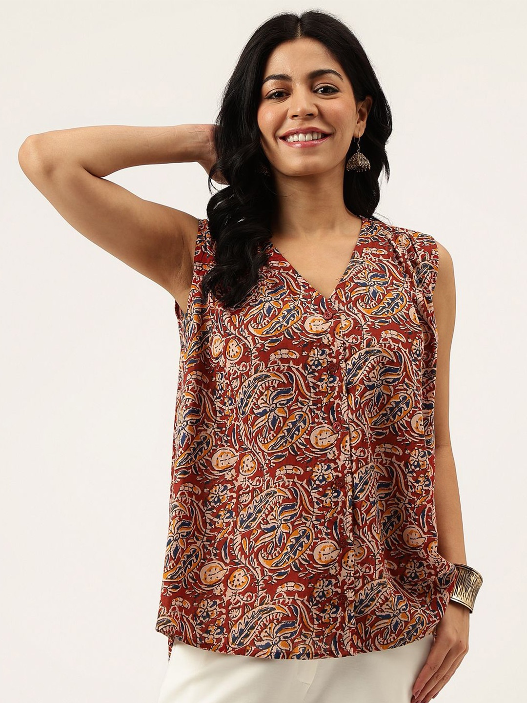 

SPARSA Women Ethnic Printed V-Neck Cotton Top, Maroon