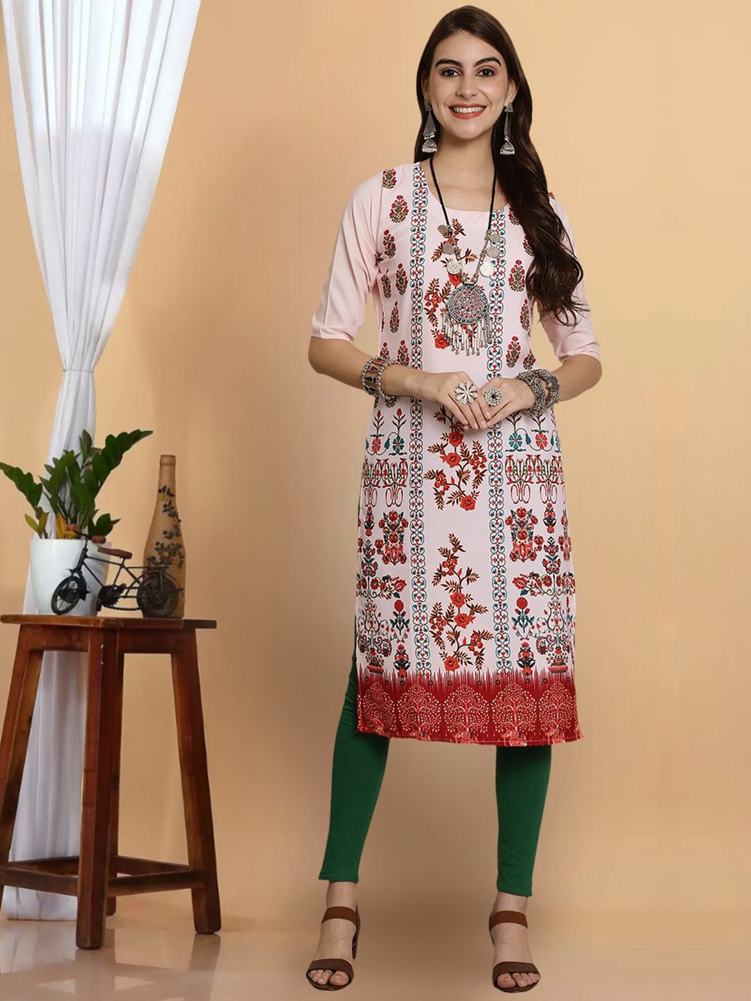 

7Threads Ethnic Motifs Printed Round Neck Crepe Straight Kurta, Orange