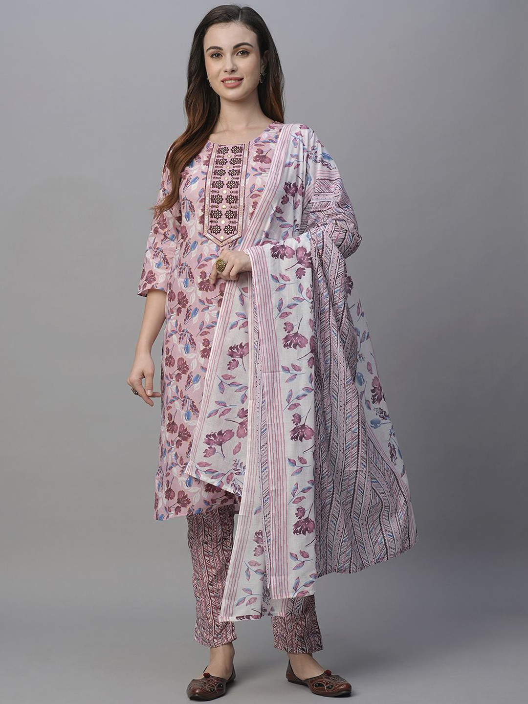 

Kiana Women Floral Printed Regular Pure Cotton Kurta with Trousers & With Dupatta, Pink