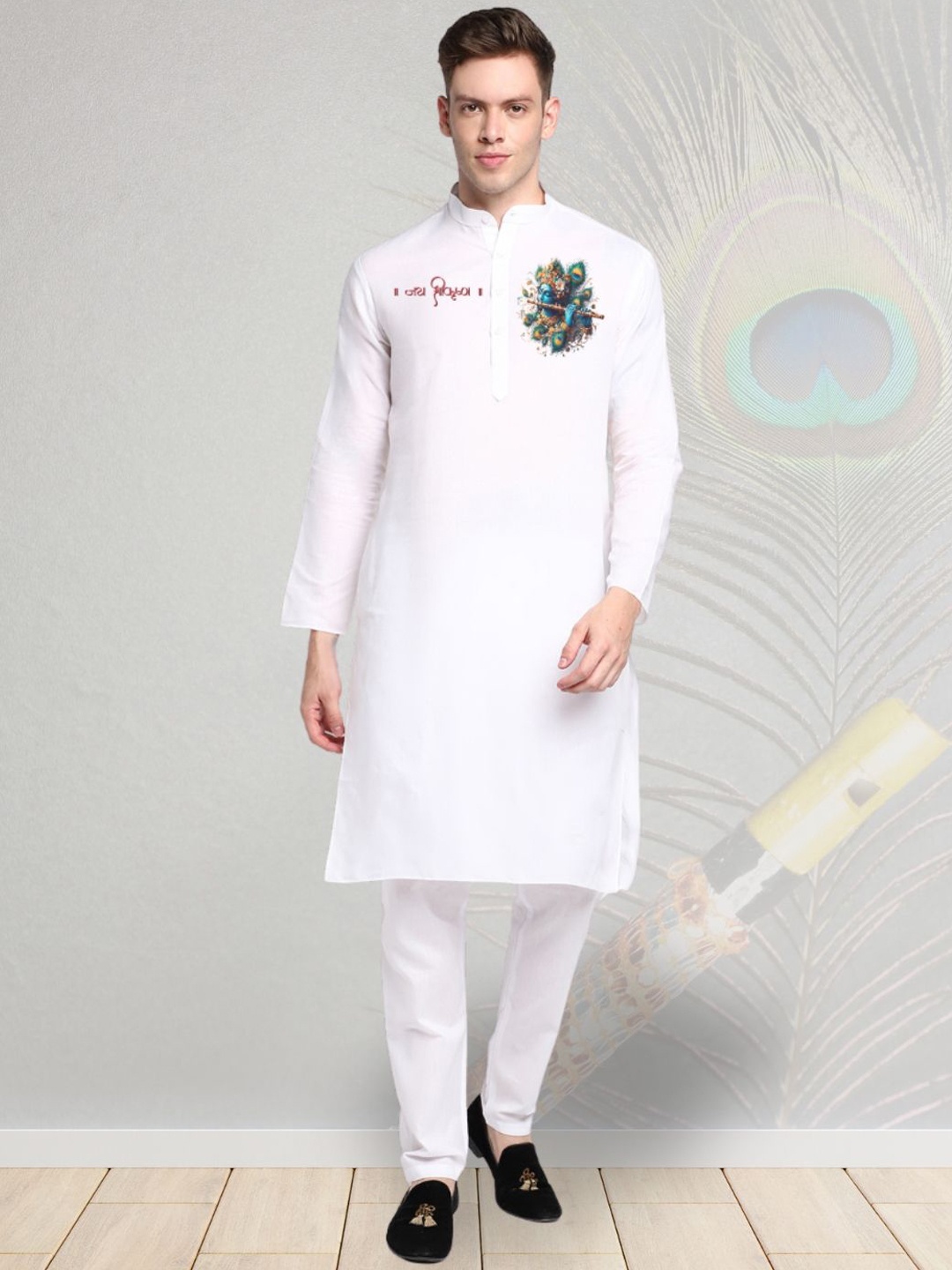 

DEVOILER Ethnic Motifs Digital Printed Mandarin Collar Cotton Straight Kurta, White