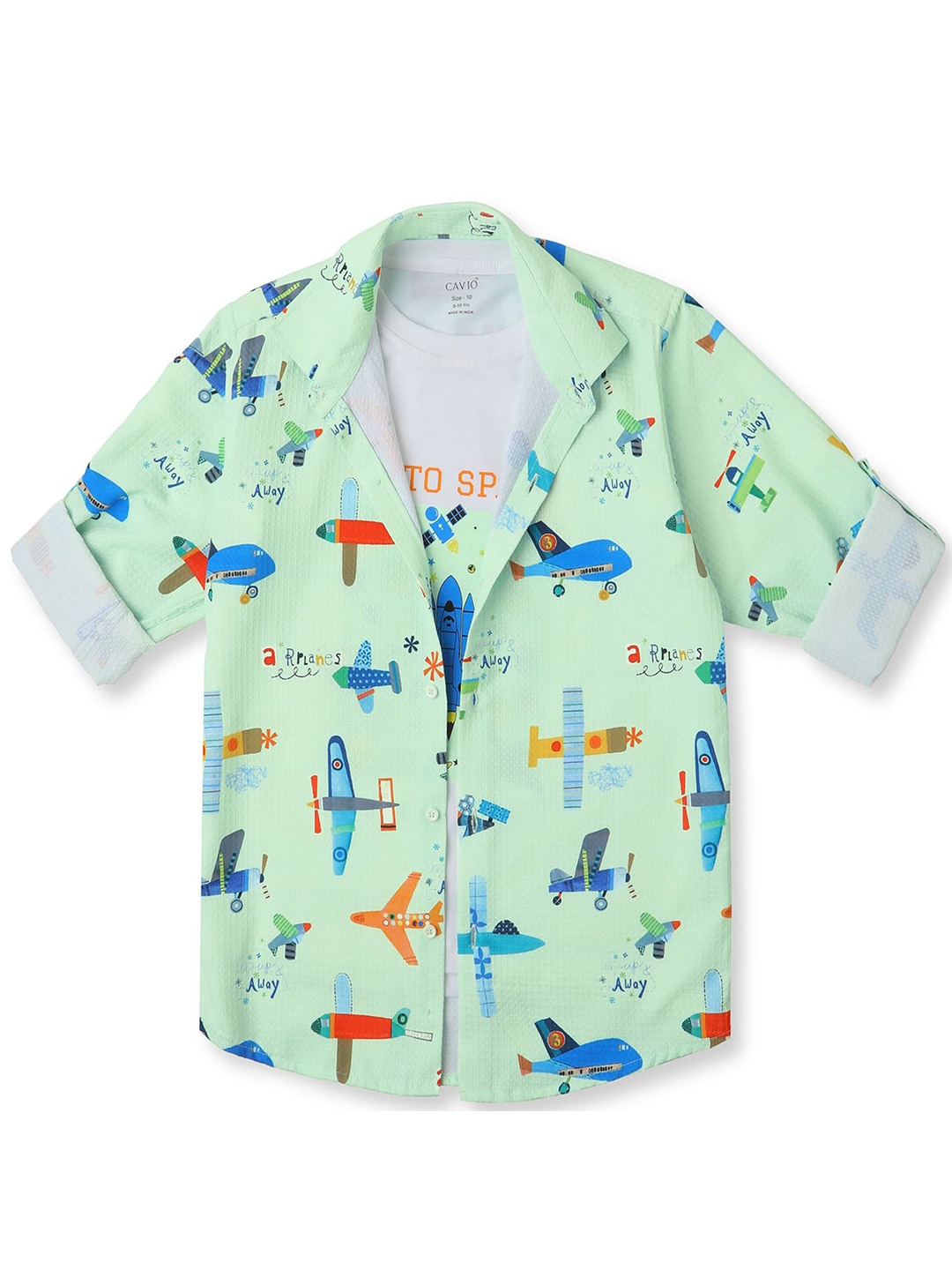 

CAVIO Boys Spread Collar Conversational Printed Cotton Casual Shirts & T-Shirt, Sea green