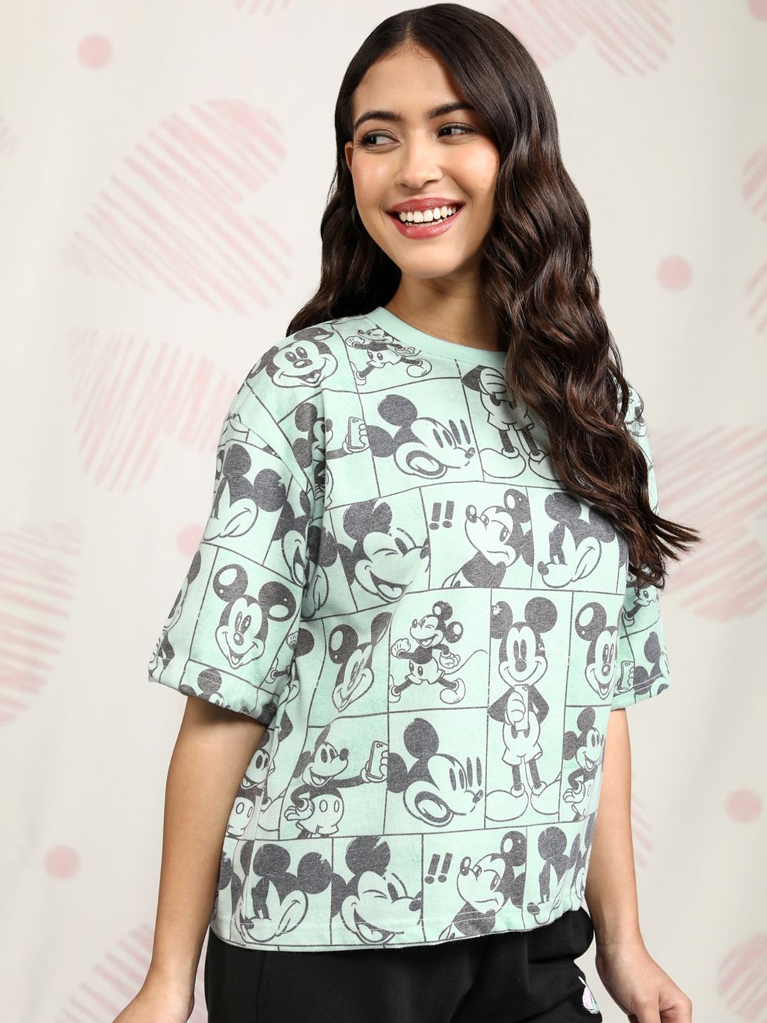 

Tokyo Talkies Women Mickey Mouse Printed Drop Shoulder Sleeves Boxy Tshirt, Green