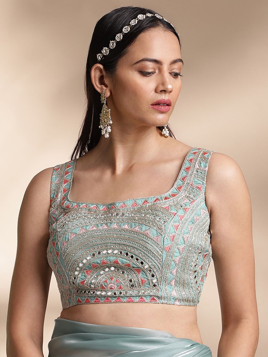 

flaher Women Embroidered Tissue Saree Blouse, Sea green