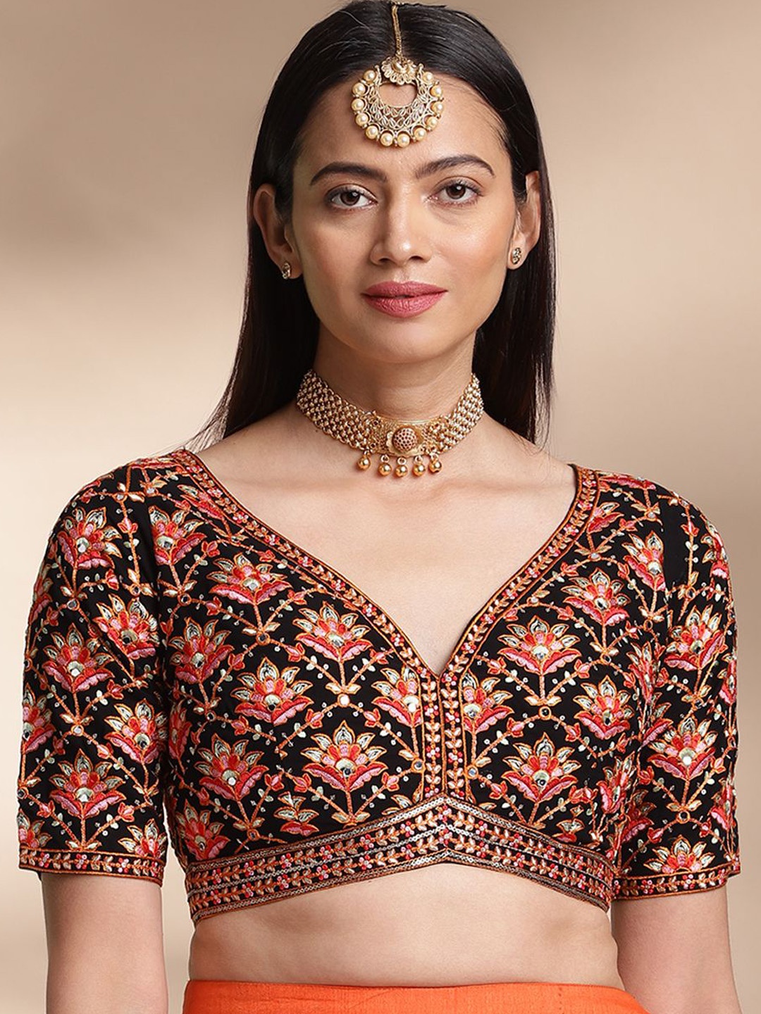 

flaher Embroidered V Neck Saree Blouse, Black