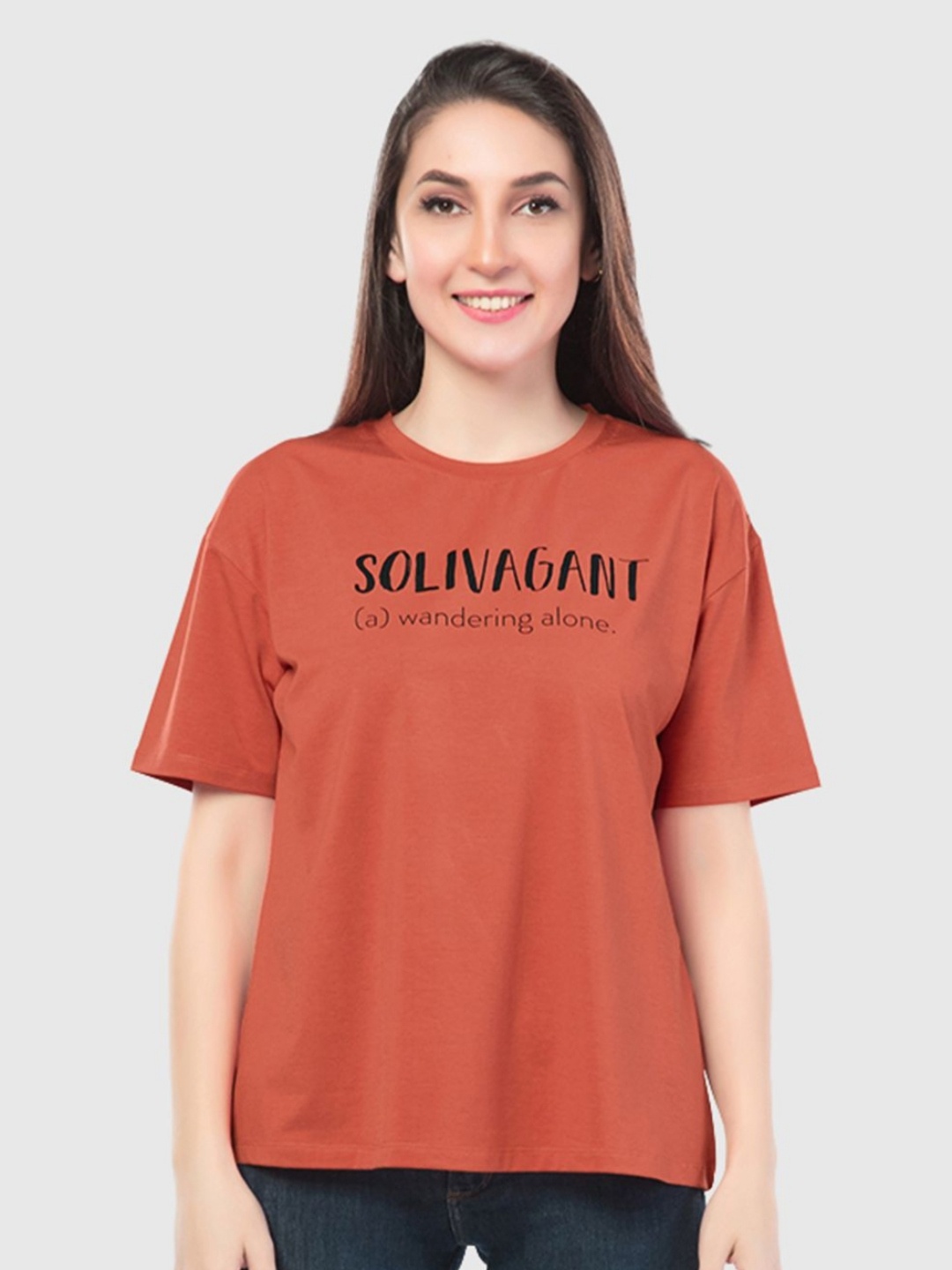 

Juliet Women Typography Printed Round Neck Cotton Oversized T-shirt, Rust