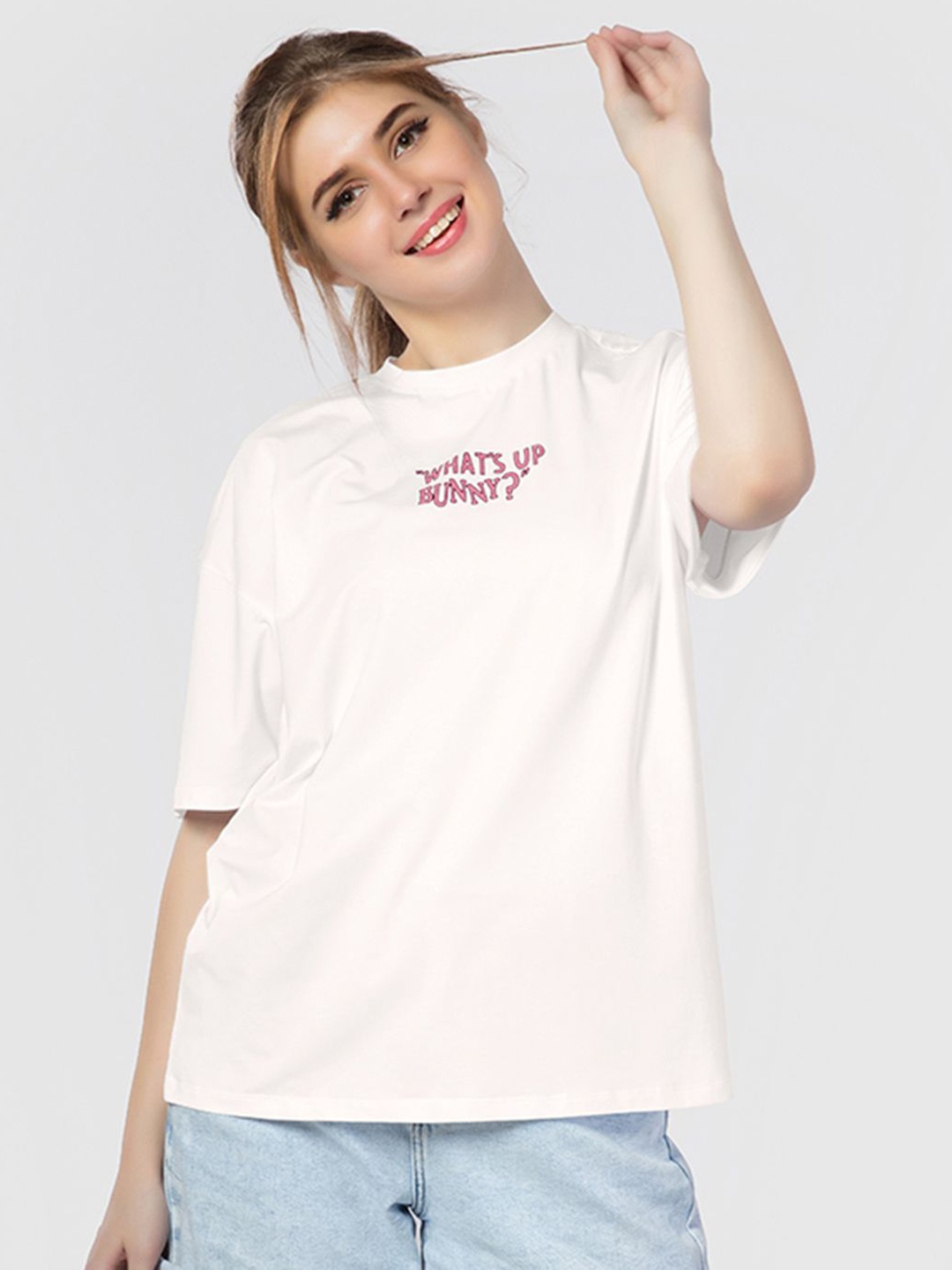 

Juliet Women Graphic Printed Round Neck Cotton Oversized T-shirt, White