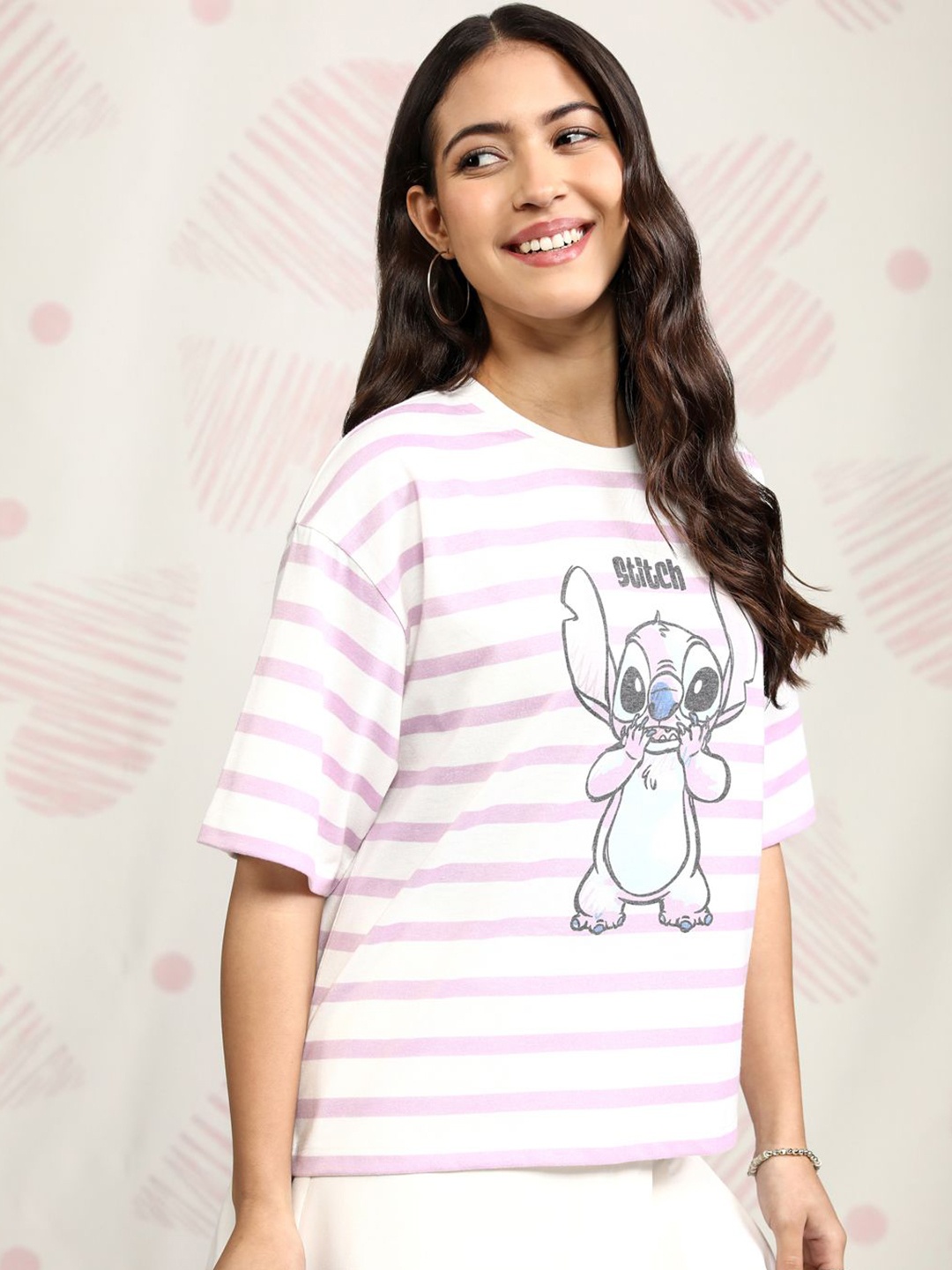 

Tokyo Talkies Disney Stitch Women Pink Striped Relaxed Fit Tshirt