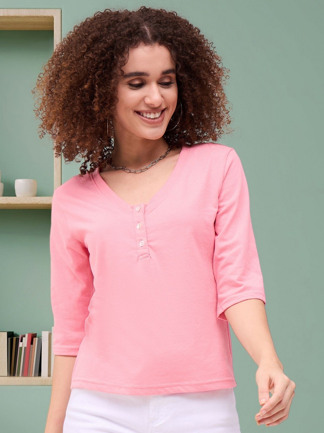 

DressBerry Women Henley Neck Pockets T-shirt, Peach