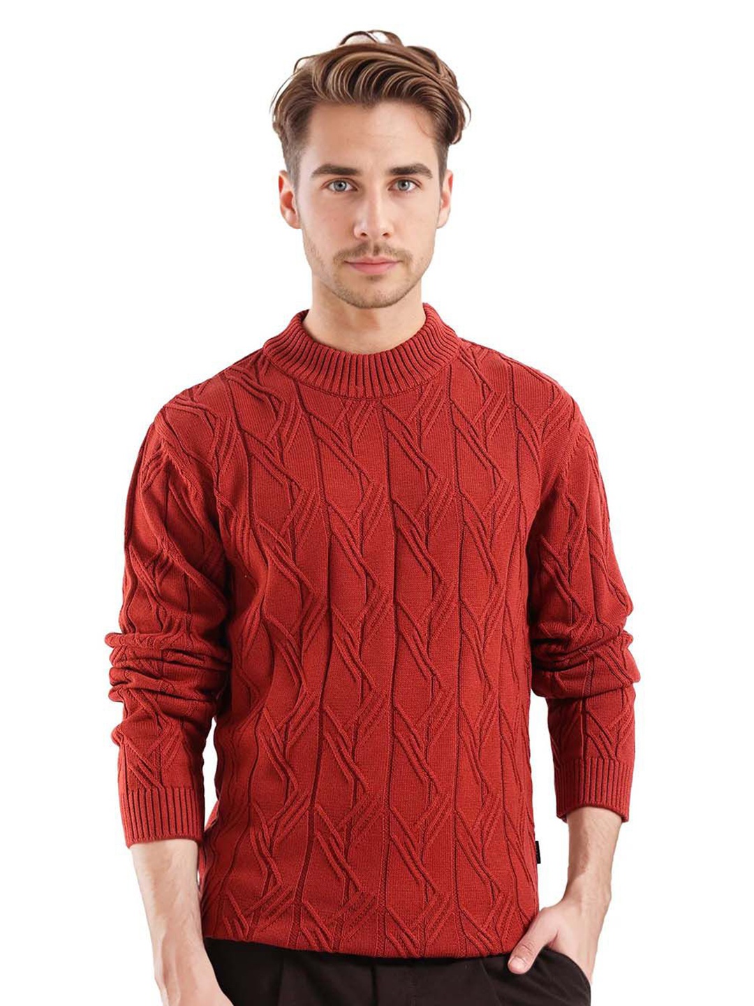 

RARE RABBIT Men Cable Knit Pullover, Rust