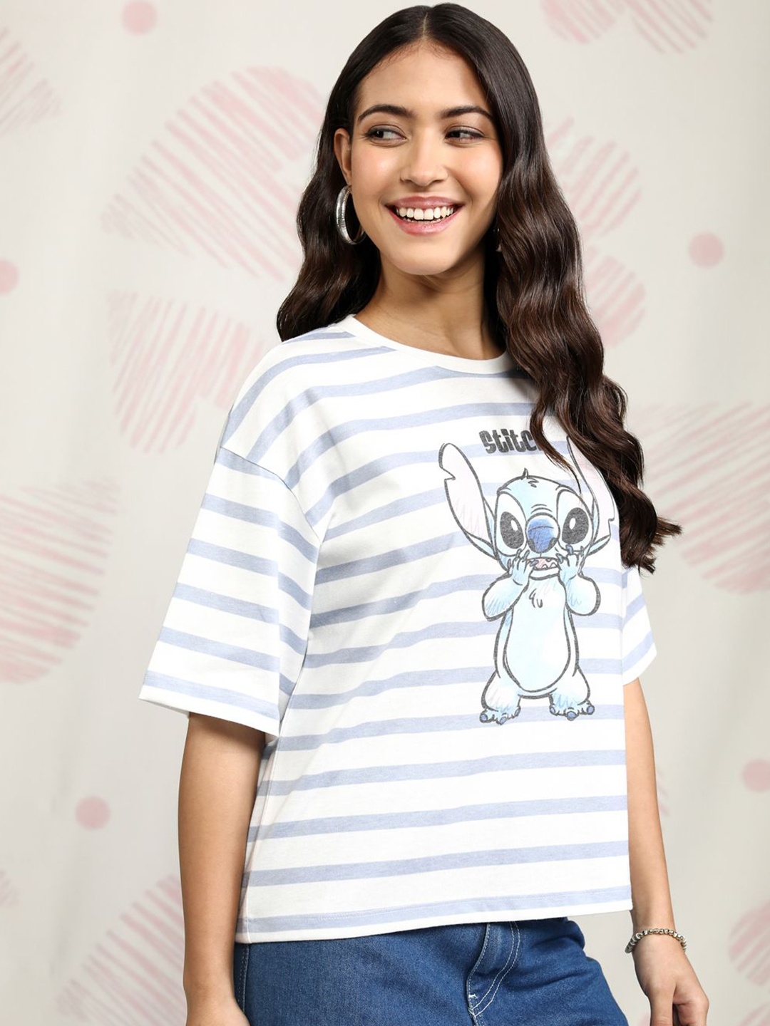 

Tokyo Talkies Disney Stitch Women Blue Striped Relaxed Fit T-Shirt