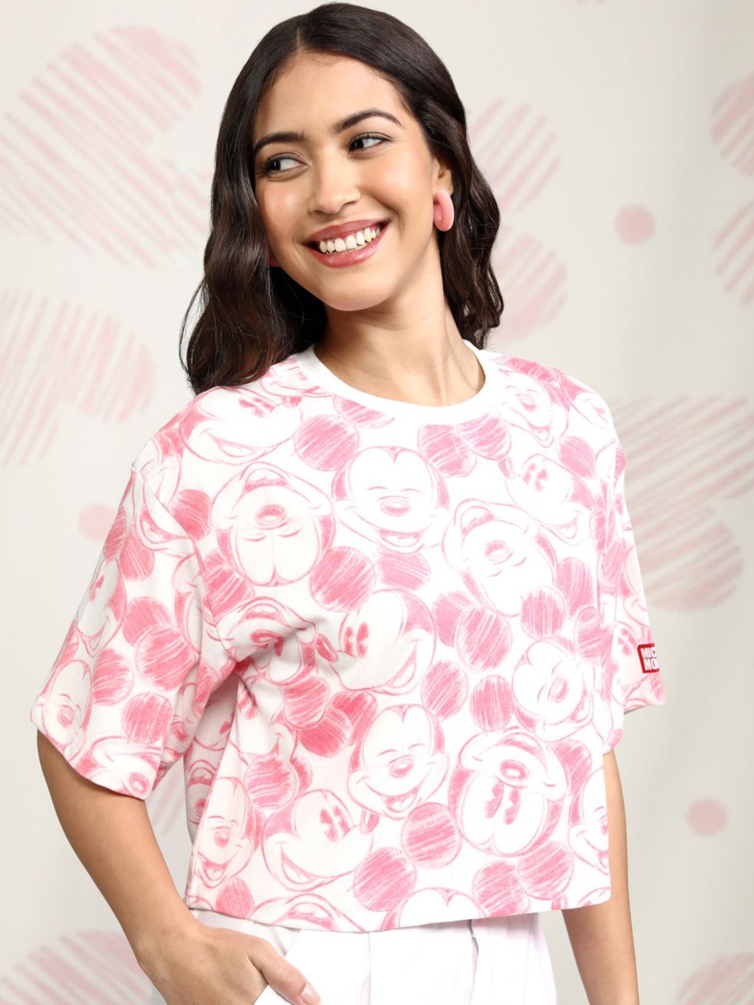 

Tokyo Talkies Disney Mickey Mouse Women Printed Boxy Crop T-Shirt, Pink