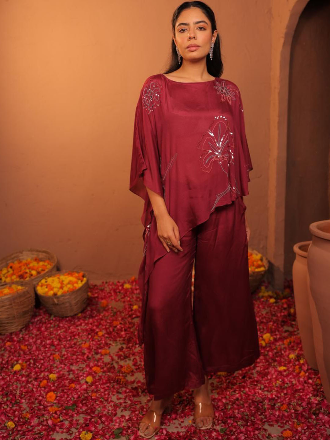 

Komarri U Embellished Top With Trousers Co-Ords, Maroon