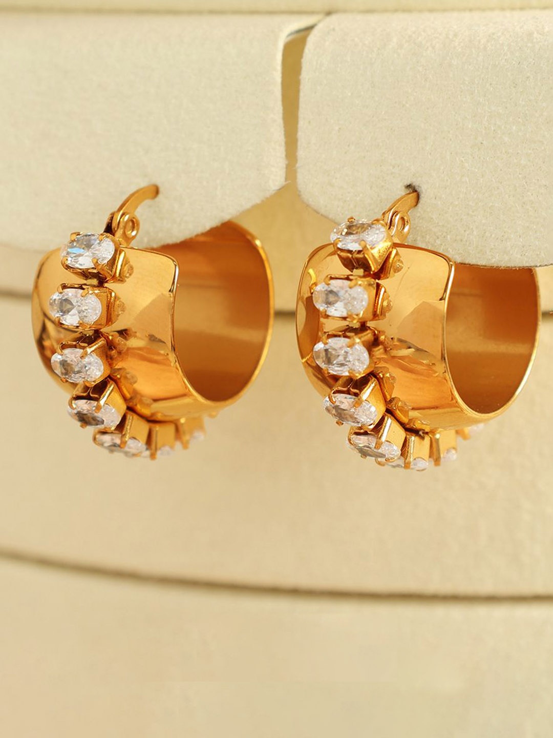 

Just Lil Things Stainless Steel Zircon Studded Contemporary Hoop Earrings, Gold