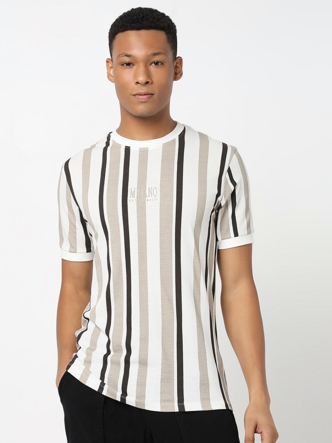 

R&B Men Striped Round Neck Cotton T-shirt, White