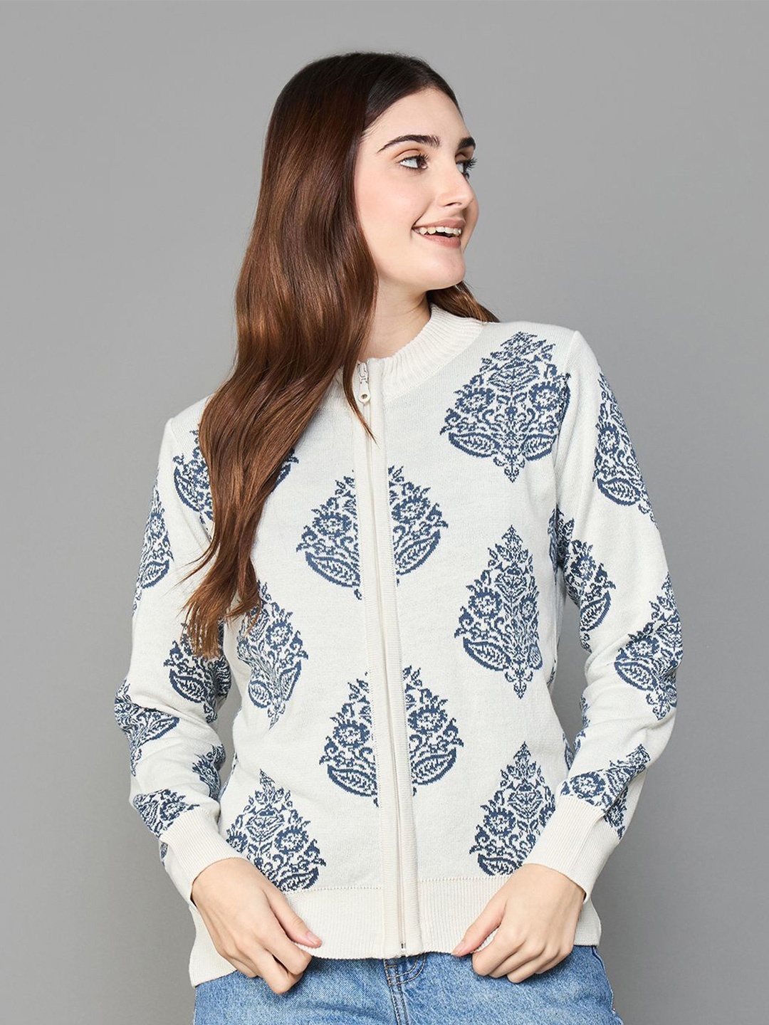 

Colour Me by Melange Women Printed Front-Open Sweatshirt, Off white