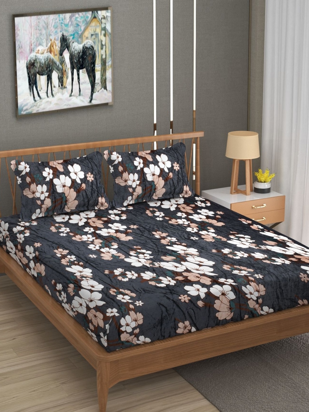 

BLUEDOT Grey & White Floral Printed Wool 210 TC Fitted King Bedsheet Set1.98 m x 1.82