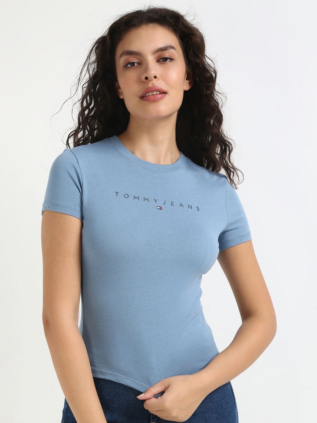 

Tommy Hilfiger Women Typography Printed Round Neck Cotton Slim Fit T-shirt, Blue