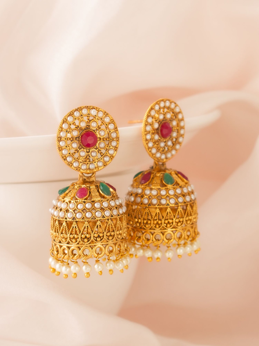 

aadita Gold Plated Beaded Dome Shaped Jhumkas