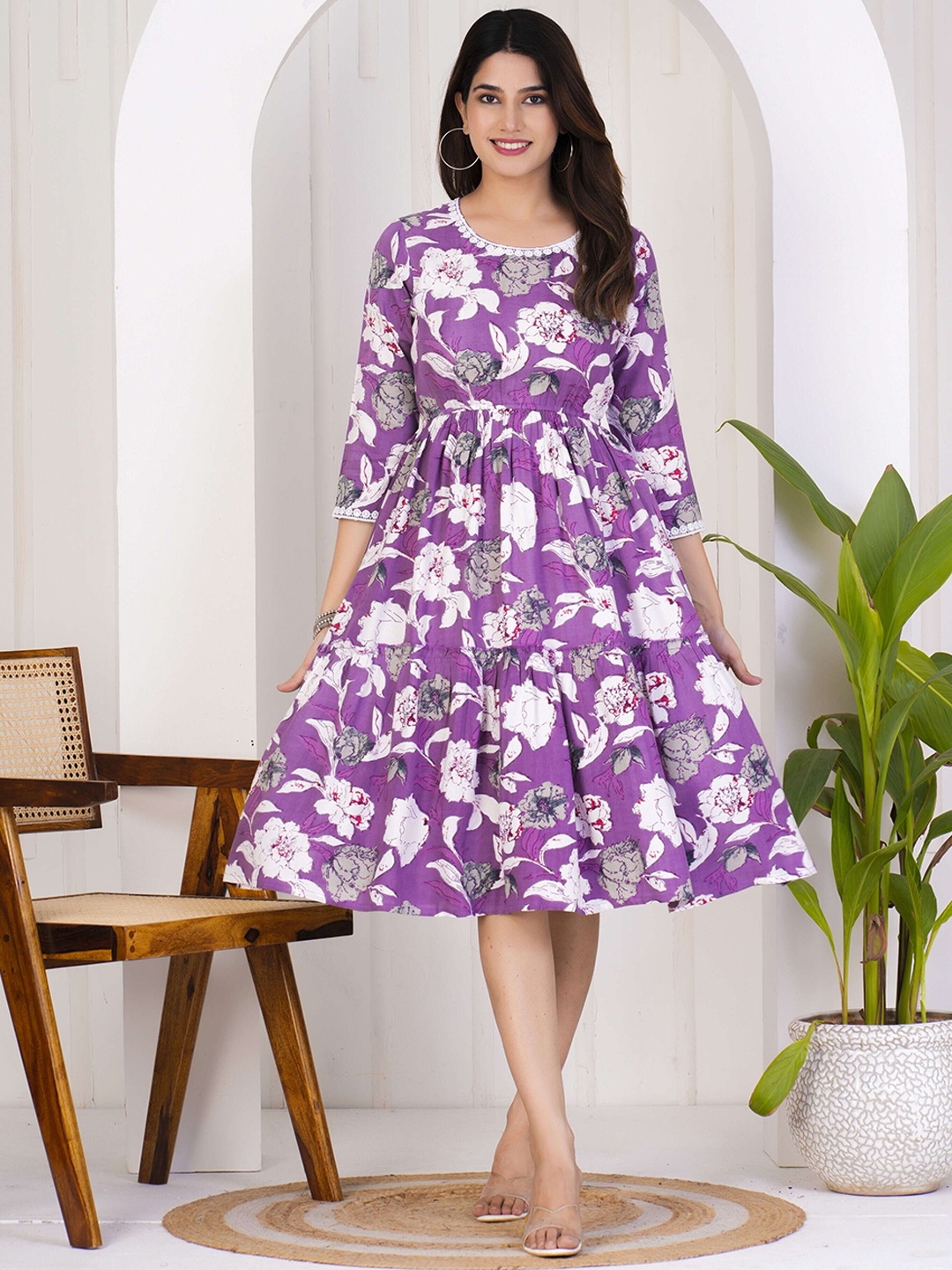 

KALINI Floral Printed Thread Work A-Line Ethnic Dress, Purple