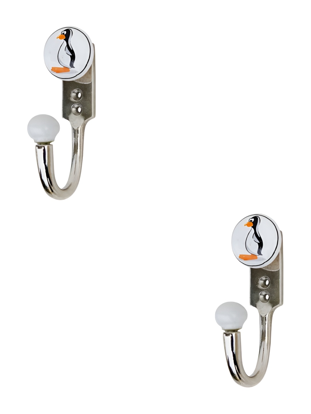 

IndianShelf White & Orange Coloured 2 Pieces Ceramic & Zinc Penguin Wall Hooks