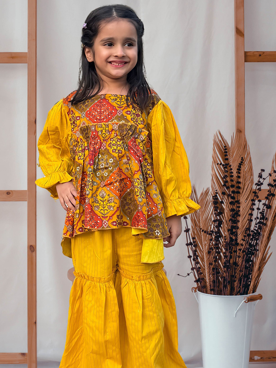 

Peekaaboo Kids Girls Ethnic Motifs Printed Tiered Pure Cotton Kurta With Sharara, Yellow