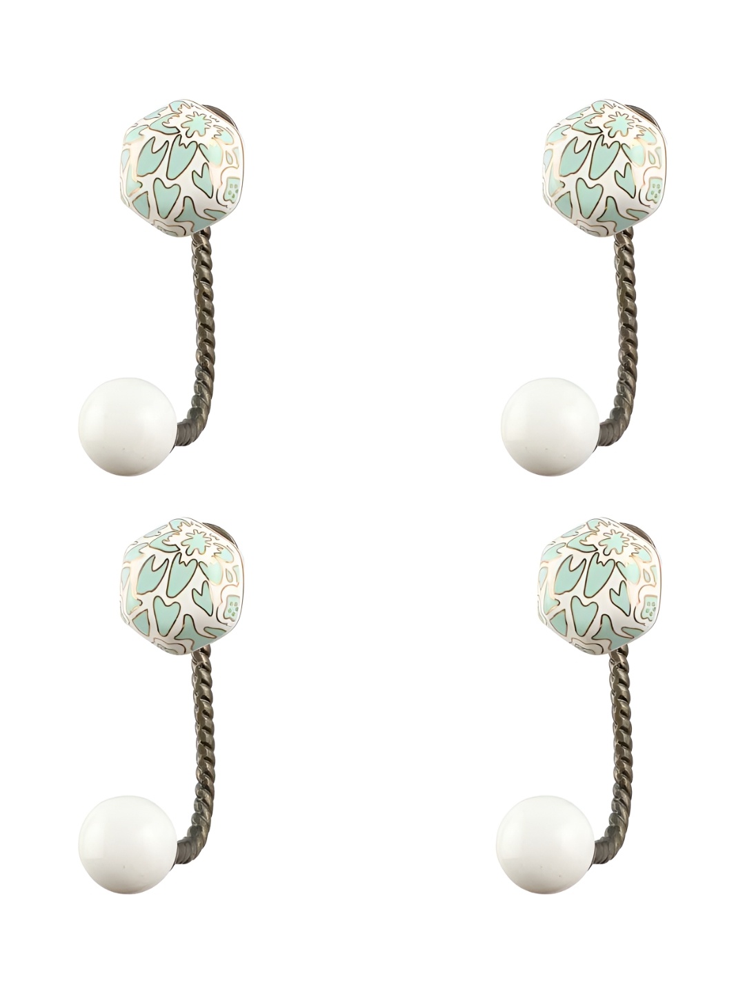 

IndianShelf White & Green 4 Pieces Printed Ceramic Wall Hooks