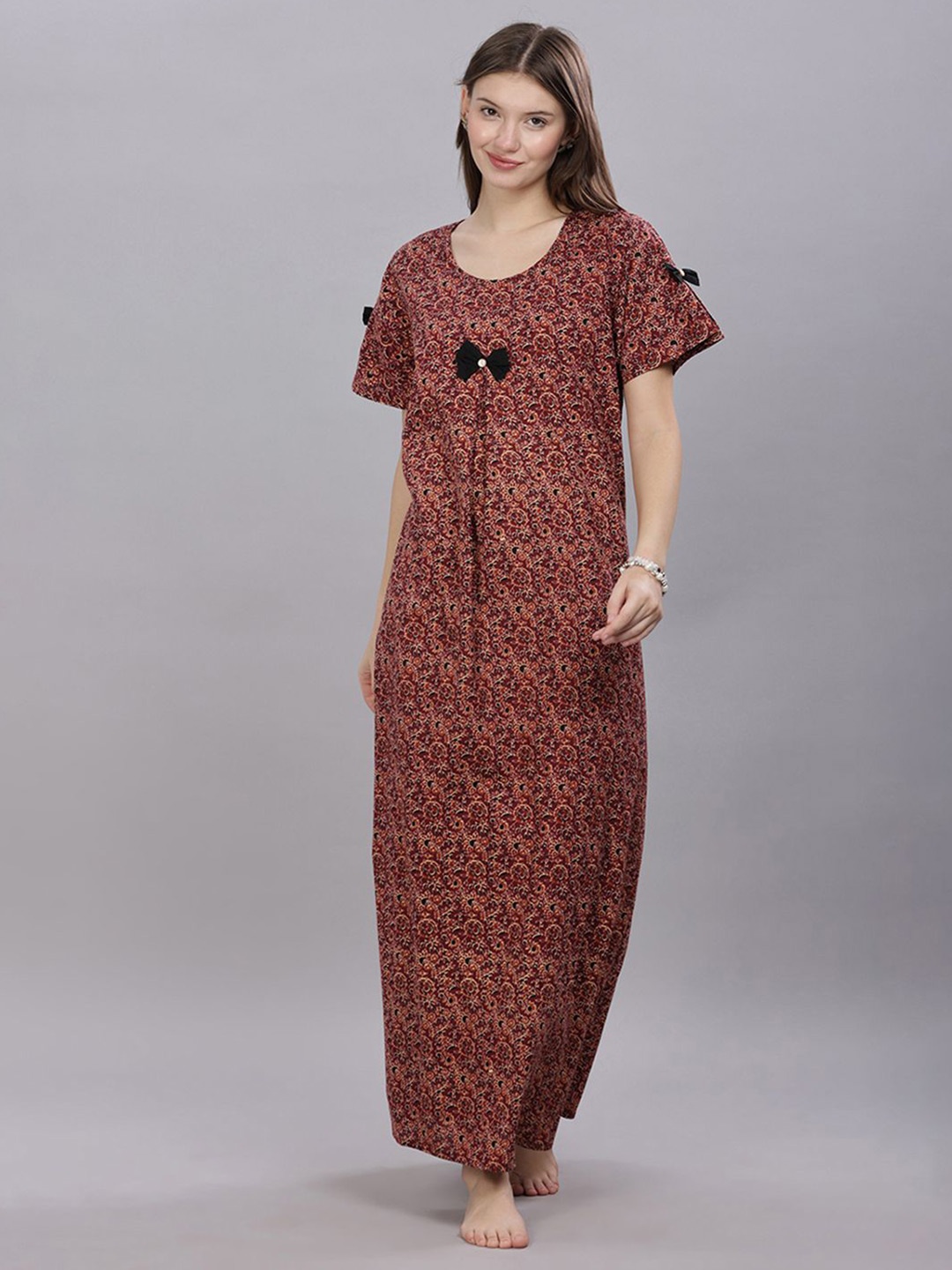 

NAIDU HALL Women Printed Pure Cotton Maxi Nightdress, Brown