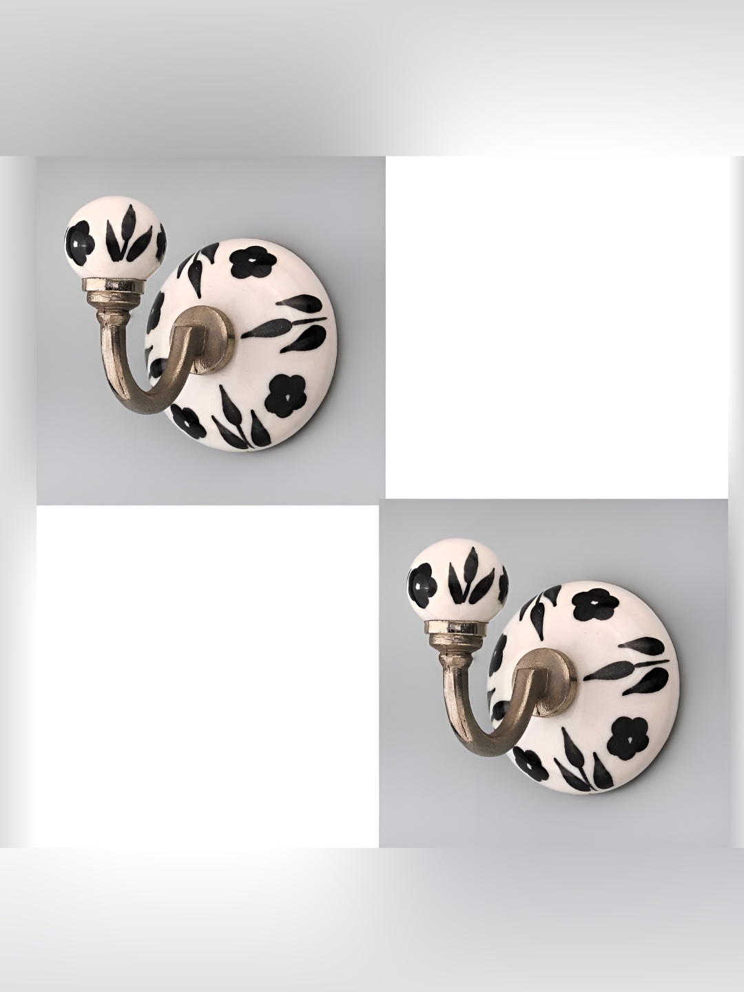 

IndianShelf Black and White 2 Pcs Floral Printed Ceramic Wall Hook