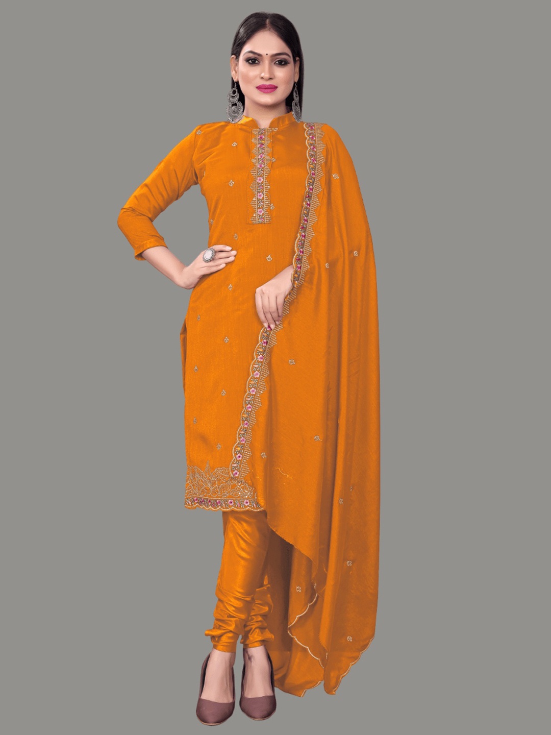 

Aika Floral Embroidered Thread Work Pure Silk Unstitched Dress Material, Orange