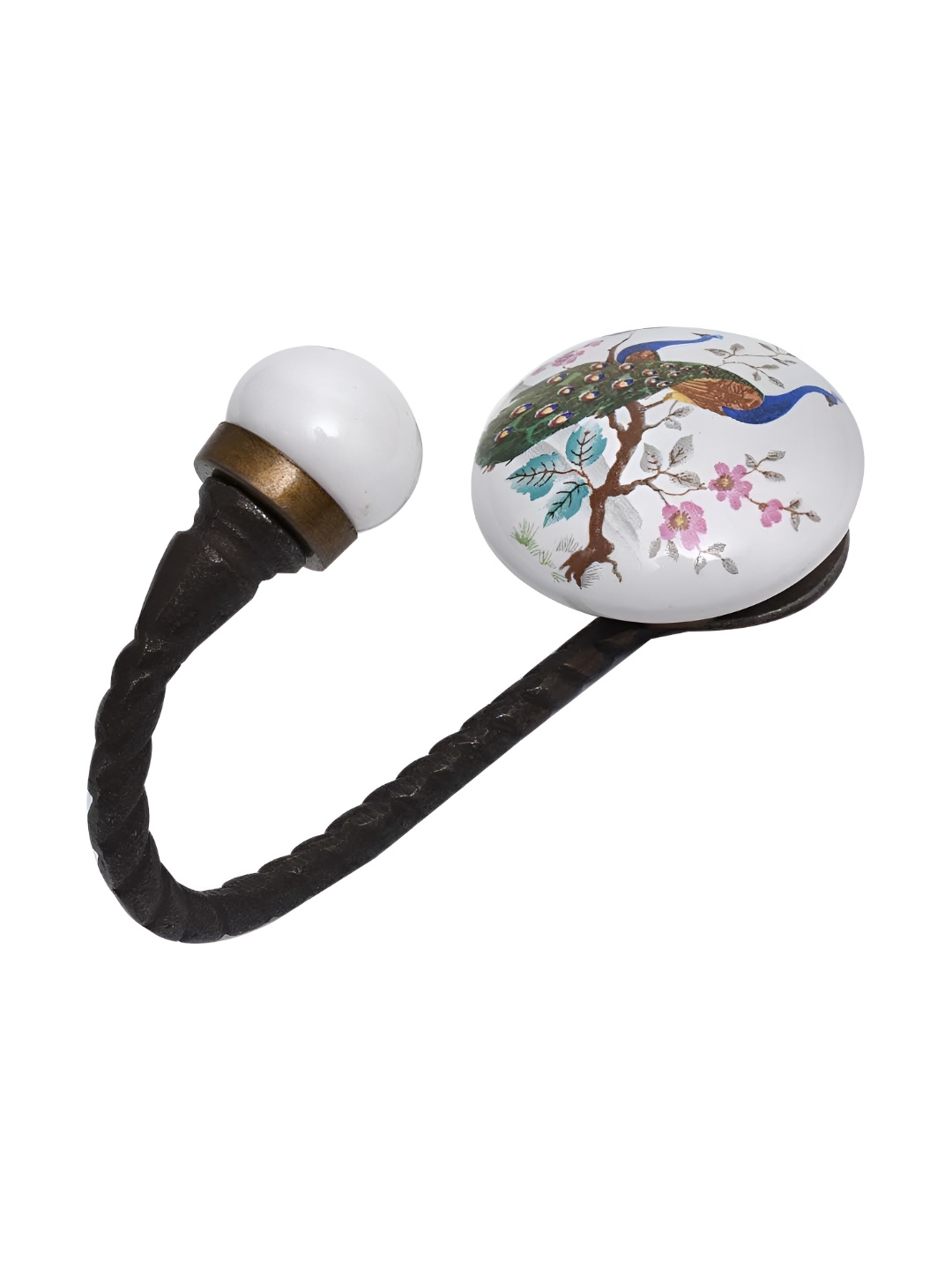 

IndianShelf White and Bronze Ceramic Peacock Printed Wall Hooks