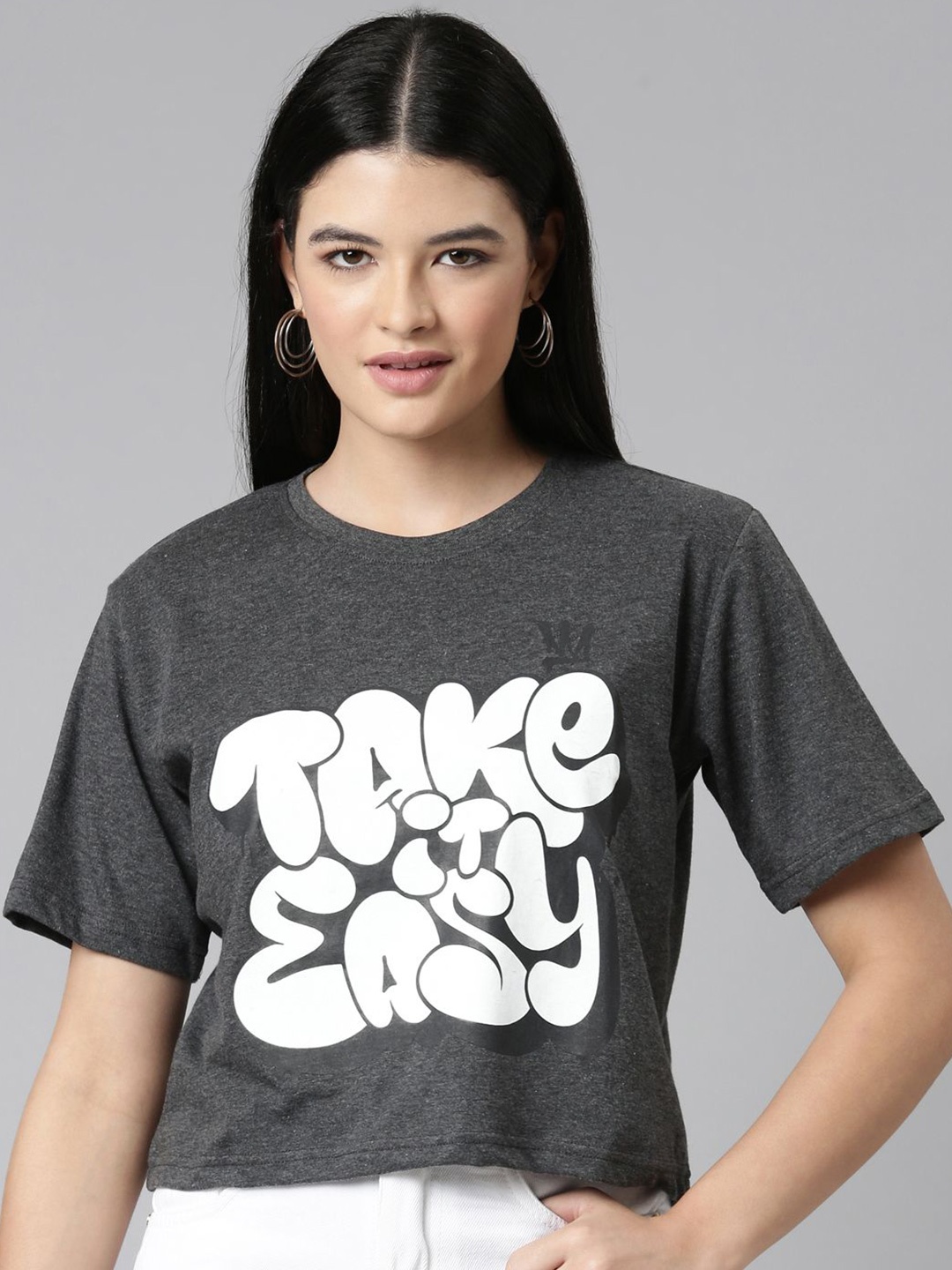 

TWIN BIRDS Women Typography Printed Cotton T-shirt, Grey