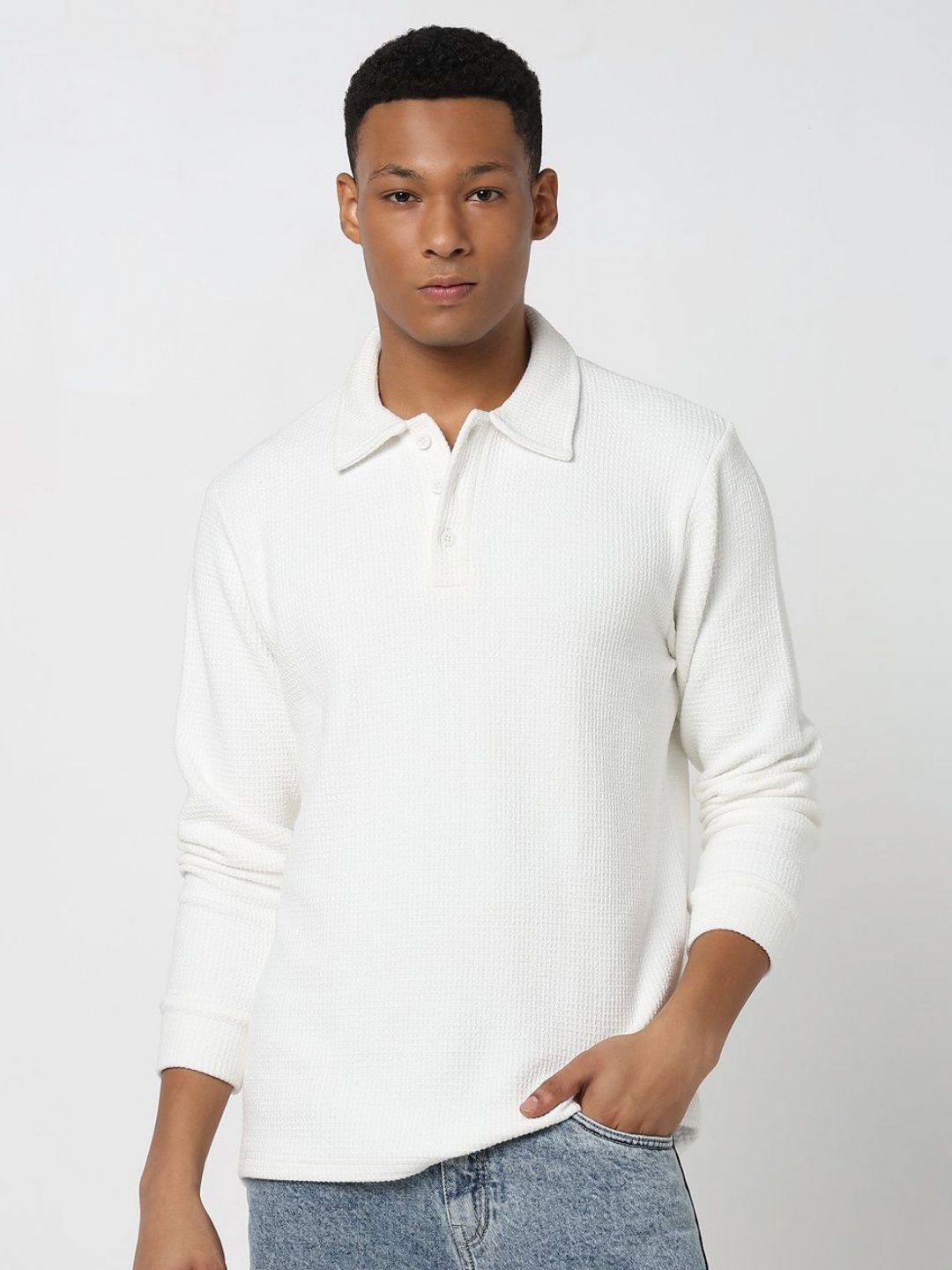 

R&B Men Self Design Polo Collar Cotton T-shirt, White
