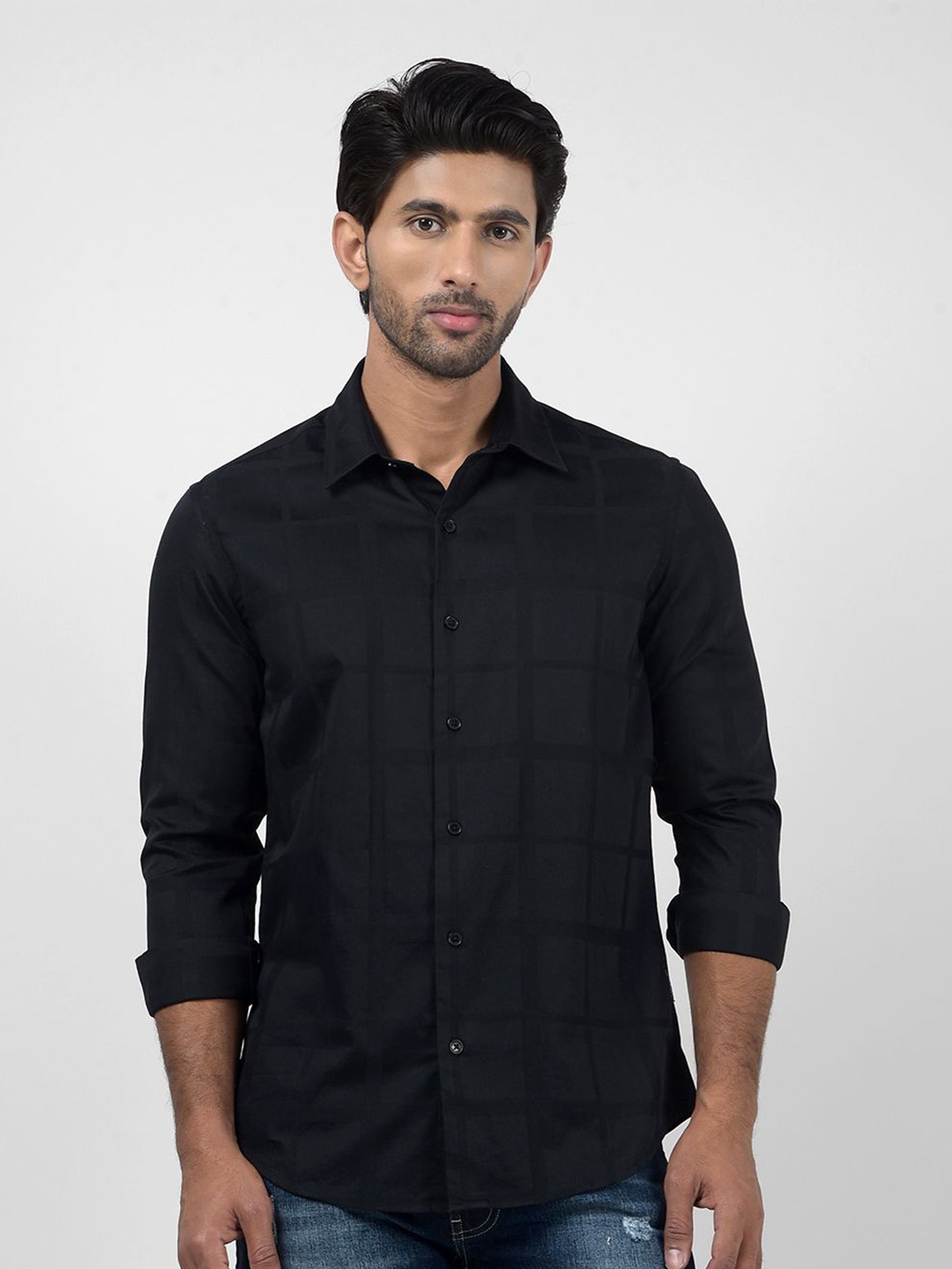 

Numero Uno Men Spread Collar Checked Cotton Slim Fit Casual Shirt, Black