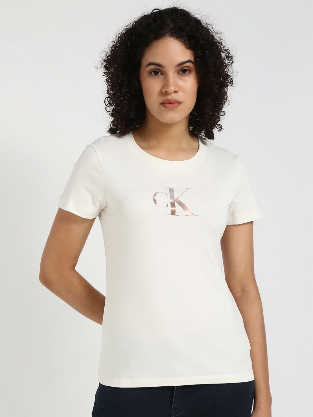 

Calvin Klein Jeans Women Typography Printed Round Neck Cotton Slim Fit T-shirt, White