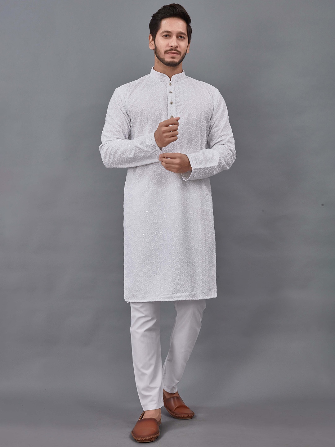

ALMORA Ethnic Motifs Embroidered Mandarin Collar Pure Cotton Straight Kurta With Pyjama, White
