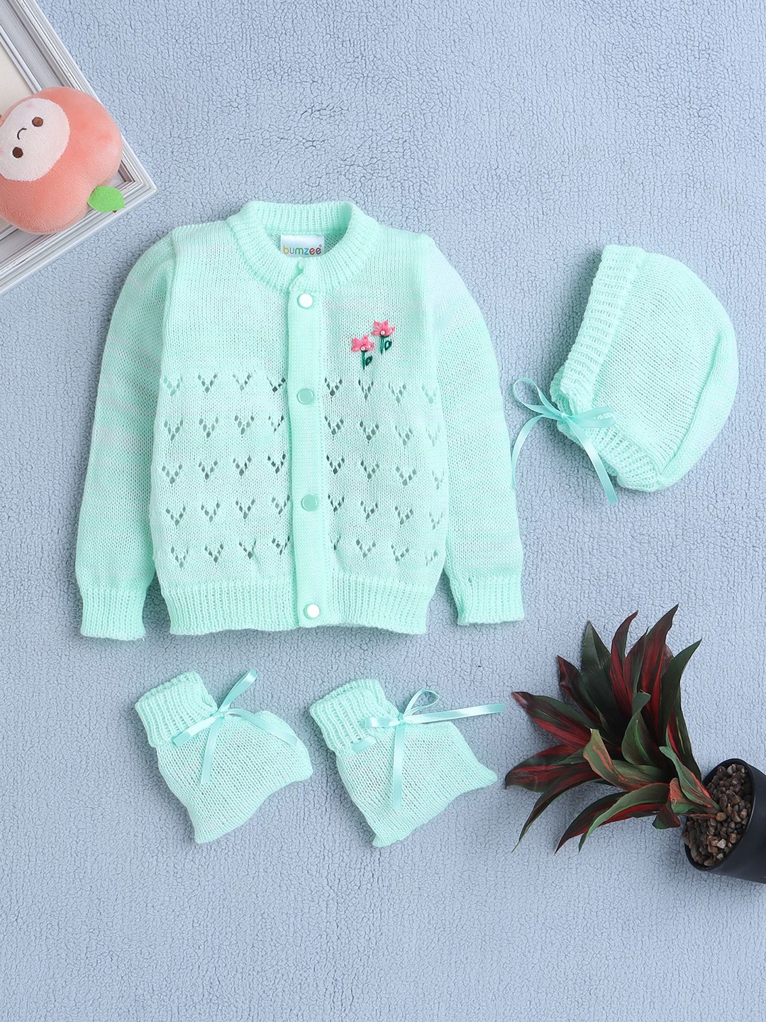 

BUMZEE Girls Round Neck Cardigan with Embellished Detail, Green