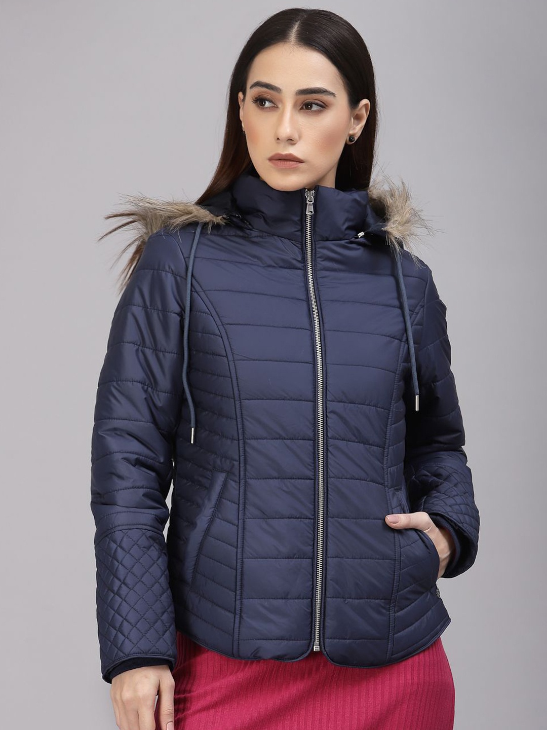 

Gipsy Women Floral Checked Synthetic Crop Parka Jacket, Blue