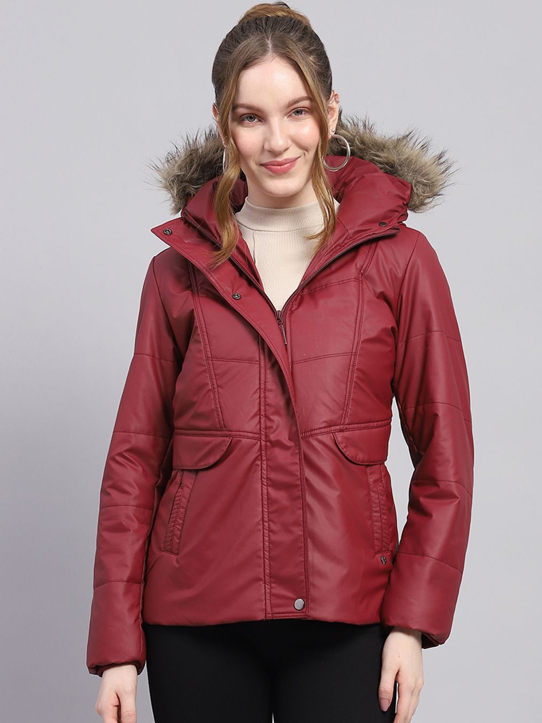 

Monte Carlo Women Hooded Solid Casual Parka Jacket, Maroon