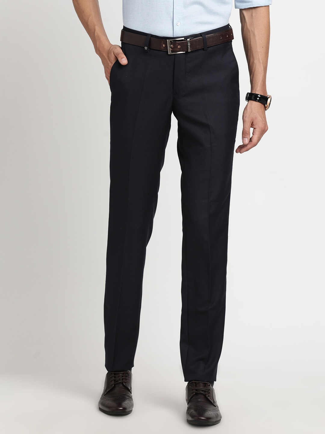 

Turtle Men Viscose Navy Solid Formal Stretchable Trouser, Navy blue