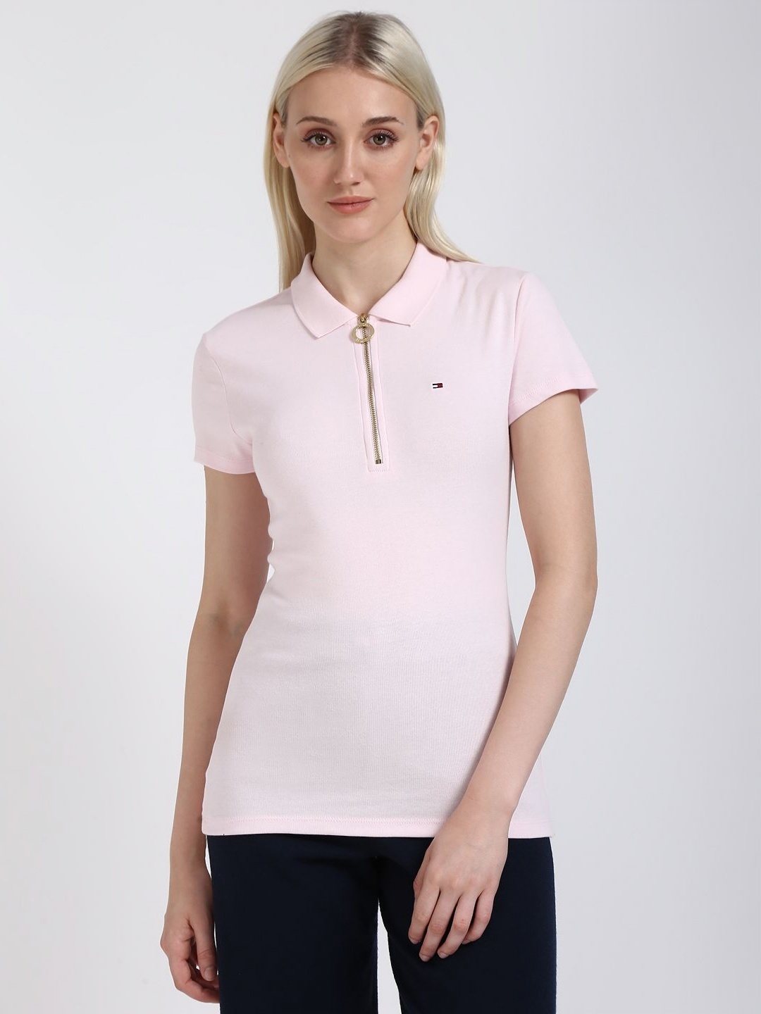 

Tommy Hilfiger Women Polo Collar Pockets Slim Fit T-shirt, Pink